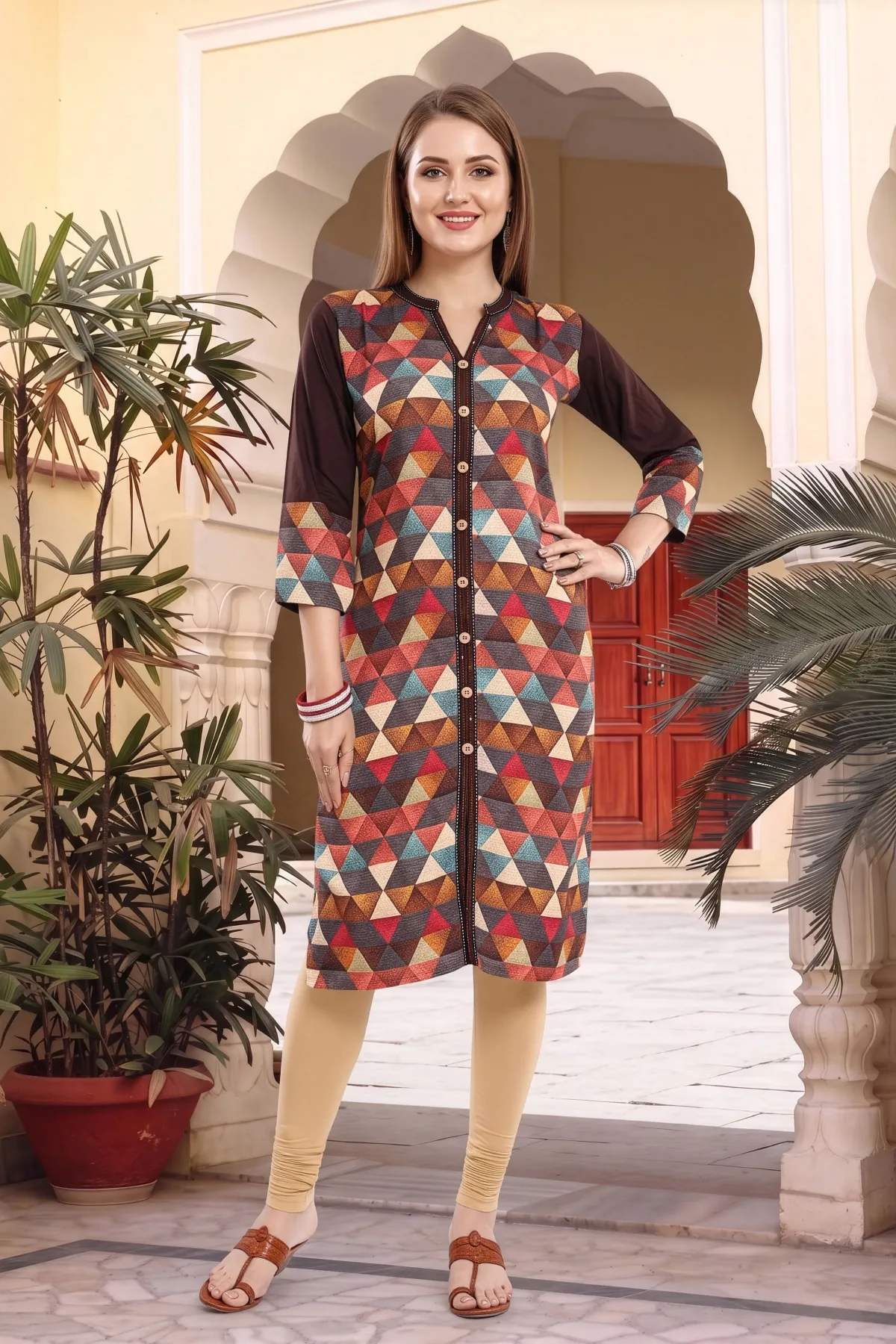 Brown Rayon Geometric Print Ban Collar Long Kurta