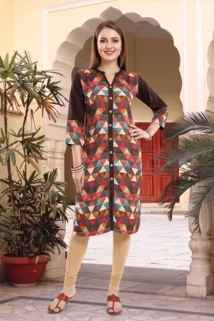 Brown Rayon Geometric Print Ban Collar Long Kurta - photo 1