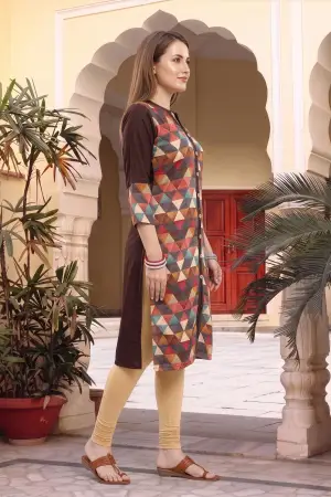 Brown Rayon Geometric Print Ban Collar Long Kurta - photo 2