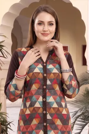 Brown Rayon Geometric Print Ban Collar Long Kurta - photo 3