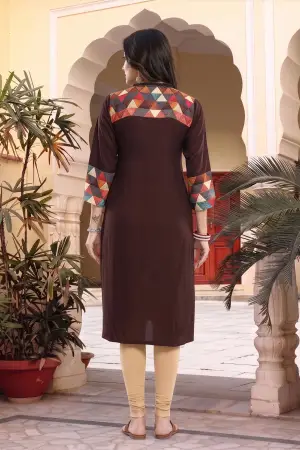 Brown Rayon Geometric Print Ban Collar Long Kurta - photo 4