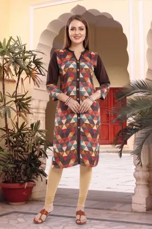 Brown Rayon Geometric Print Ban Collar Long Kurta - photo 6