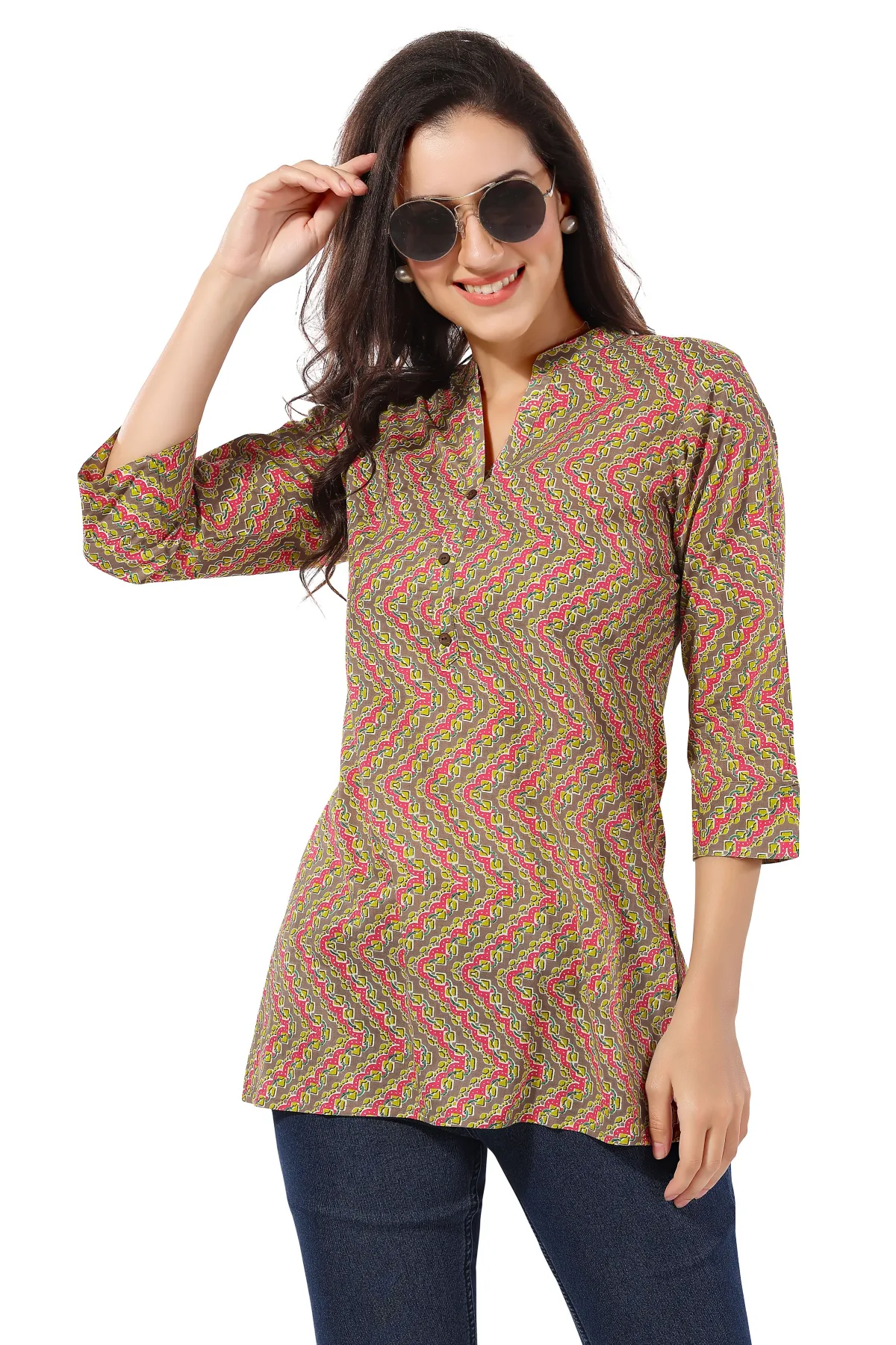 Casual Craze Brown Cotton Printed Short Tunic Top