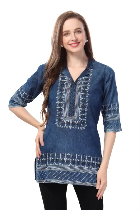 Denim Blue Tunic with Cloud Wash Print and Coat Collar Thread Work