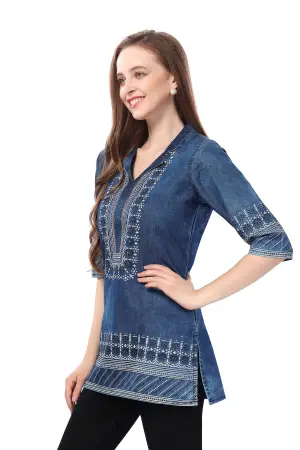 Denim Blue Tunic with Cloud Wash Print and Coat Collar Thread Work - photo 2