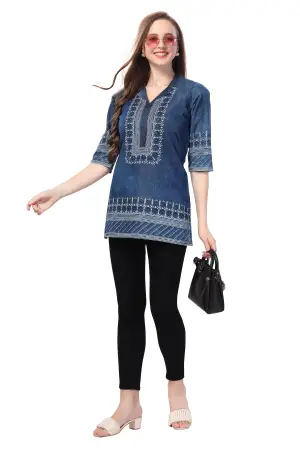 Denim Blue Tunic with Cloud Wash Print and Coat Collar Thread Work - photo 3