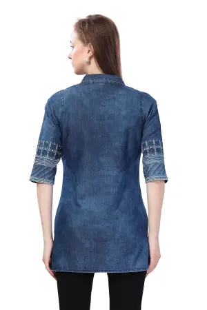 Denim Blue Tunic with Cloud Wash Print and Coat Collar Thread Work - photo 4