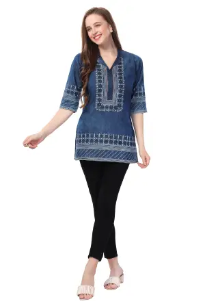 Denim Blue Tunic with Cloud Wash Print and Coat Collar Thread Work - photo 5