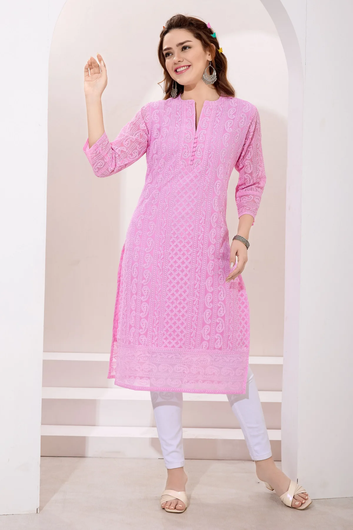 Chic Pink Fine Georgette Chikankari Embroidery Kurta