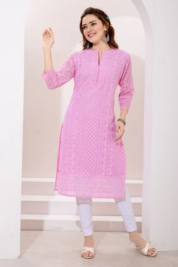 Chic Pink Fine Georgette Chikankari Embroidery Kurta