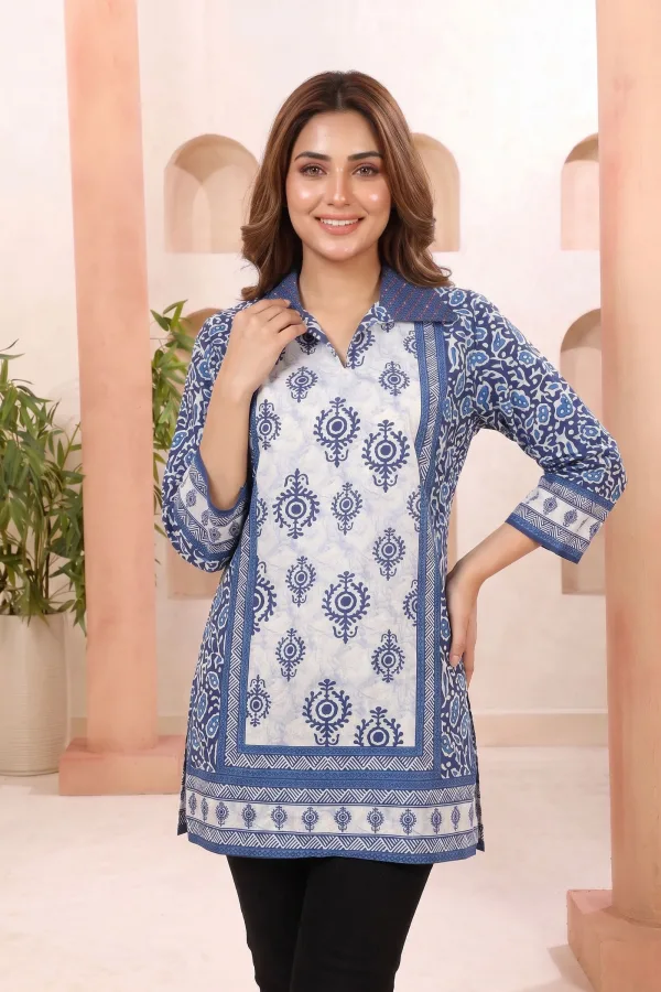 Indigo Blue Cotton Short Kurti with Shirt Collar and Thread Work