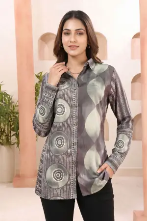 Olive Green Modal Silk Shirt Style Tunic with Abstract Print - photo 1