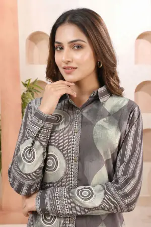 Olive Green Modal Silk Shirt Style Tunic with Abstract Print - photo 3