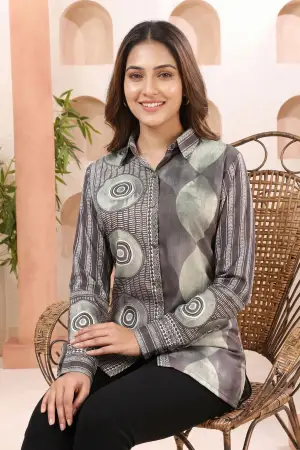 Olive Green Modal Silk Shirt Style Tunic with Abstract Print - photo 5