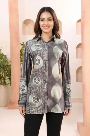 Olive Green Modal Silk Shirt Style Tunic with Abstract Print - photo 6