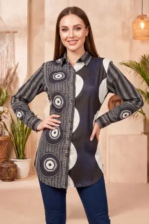 Navy Blue Modal Silk Shirt Style Tunic with Abstract Print - photo 1