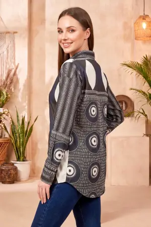 Navy Blue Modal Silk Shirt Style Tunic with Abstract Print - photo 2