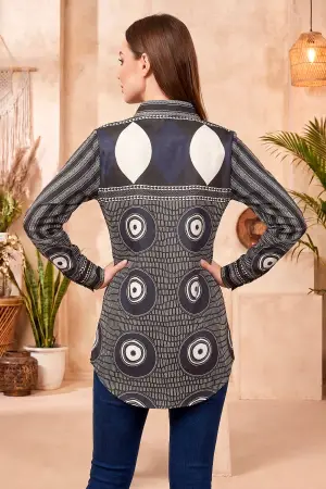 Navy Blue Modal Silk Shirt Style Tunic with Abstract Print - photo 4