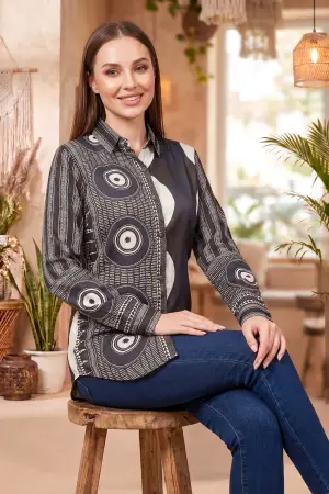 Navy Blue Modal Silk Shirt Style Tunic with Abstract Print - photo 5