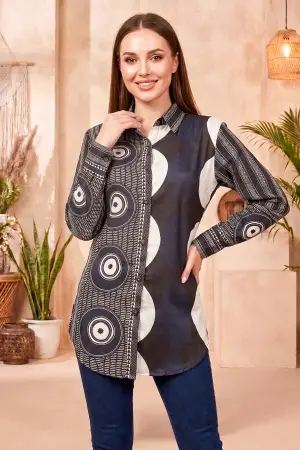 Navy Blue Modal Silk Shirt Style Tunic with Abstract Print - photo 6