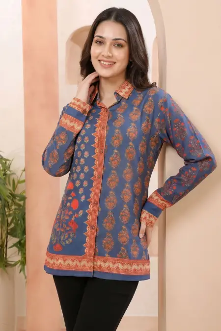 Ink Blue Modal Silk Printed Shirt Style Tunic