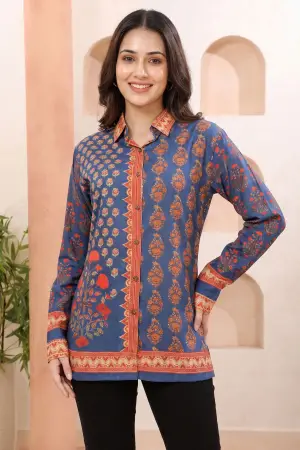 Ink Blue Modal Silk Printed Shirt Style Tunic - photo 5