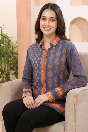 Ink Blue Modal Silk Printed Shirt Style Tunic - photo 6