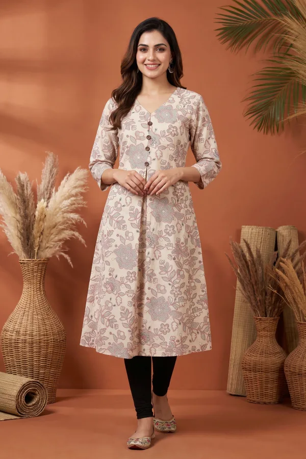 Cream Cotton Long Kurti with V Neck and Floral Print