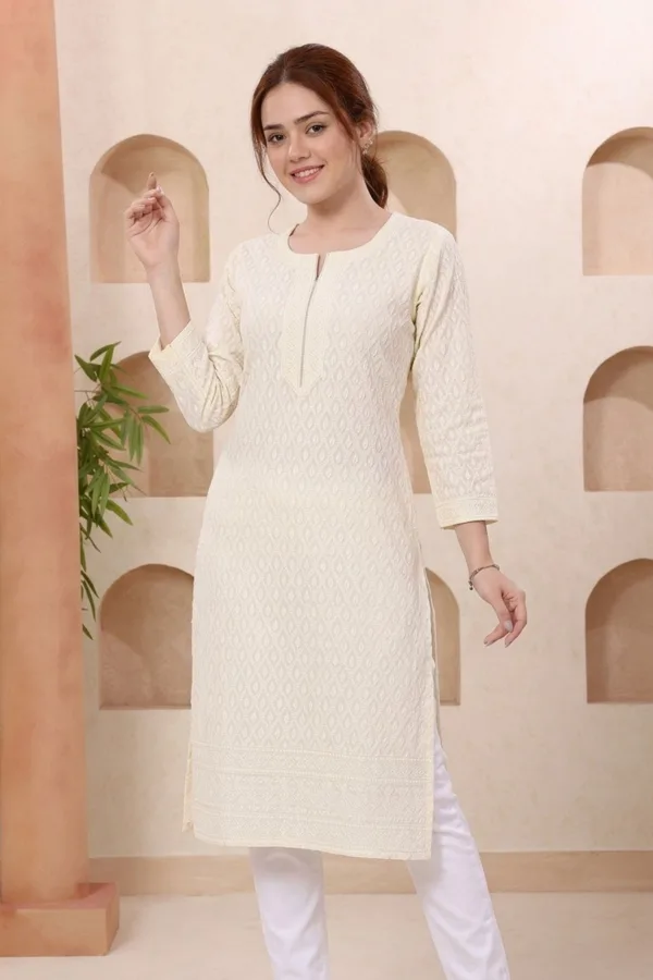 Cream Rayon Chikankari Straight Long Kurta for Women