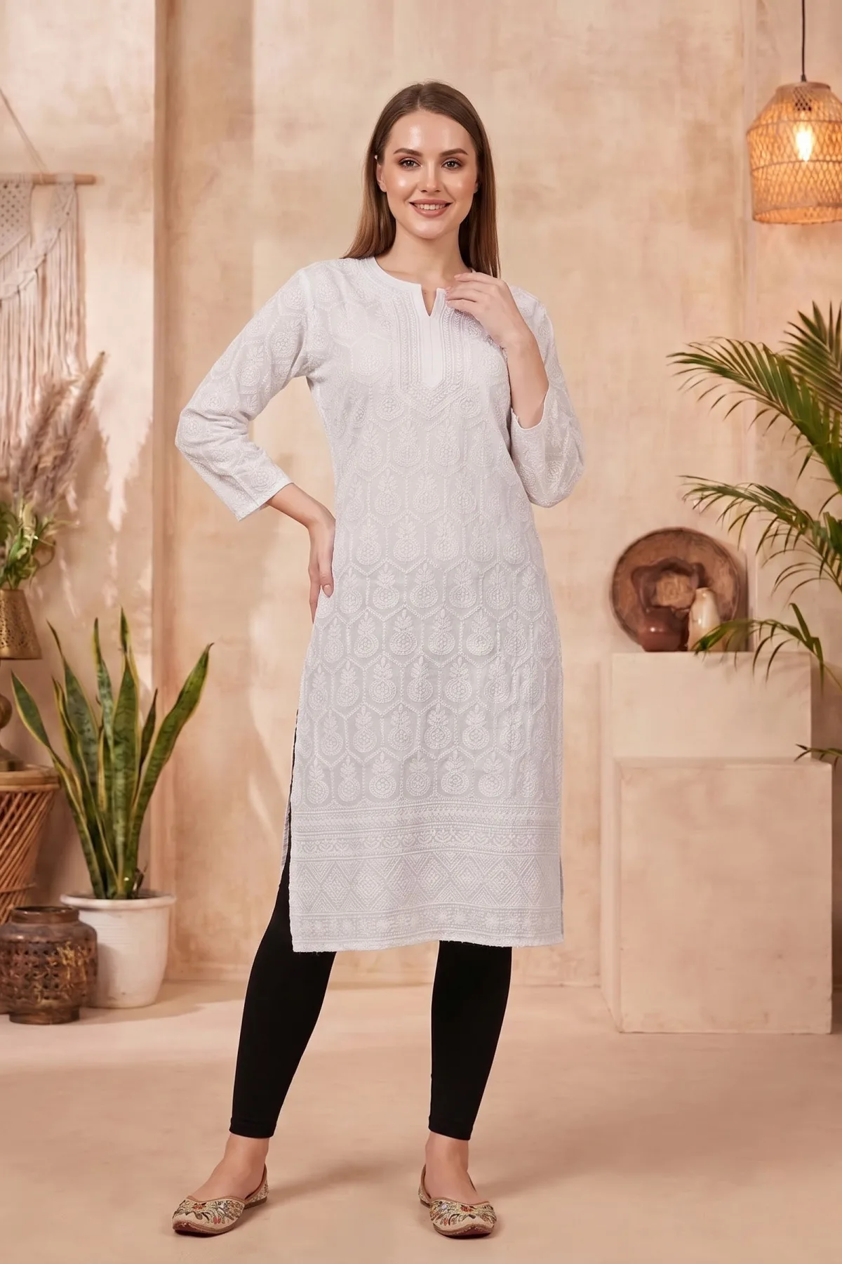 White Chikankari Long Kurti in Cotton