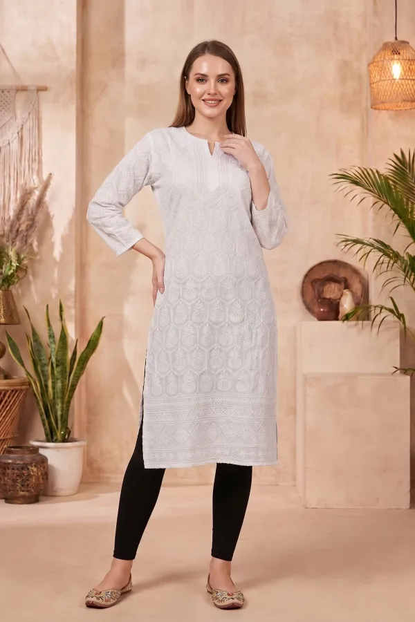 White Chikankari Long Kurti in Cotton