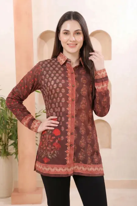 Brown Modal Silk Printed Shirt Style Tunic Top