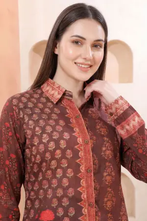 Brown Modal Silk Printed Shirt Style Tunic Top - photo 3