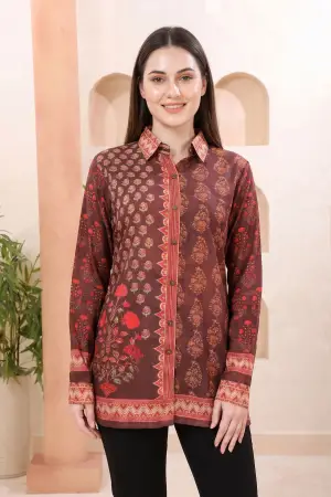 Brown Modal Silk Printed Shirt Style Tunic Top - photo 6