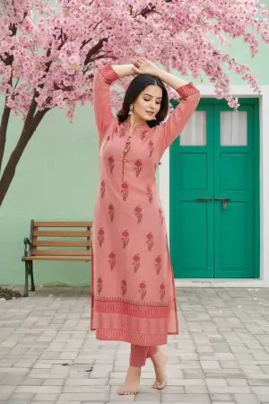 Coral Cotton Silk Block Print Long Kurta - photo 1