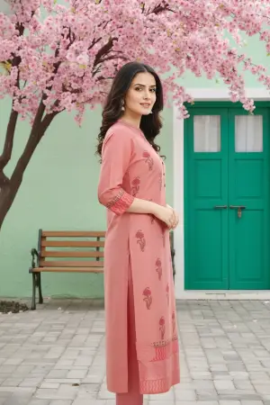 Coral Cotton Silk Block Print Long Kurta - photo 2