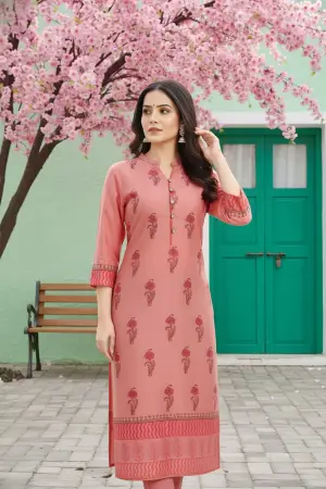 Coral Cotton Silk Block Print Long Kurta - photo 3