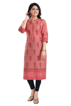 Coral Cotton Silk Block Print Long Kurta - photo 5