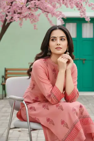 Coral Cotton Silk Block Print Long Kurta - photo 6