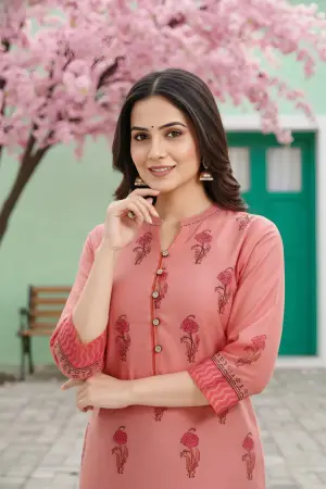 Coral Cotton Silk Block Print Long Kurta - photo 7