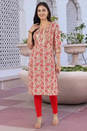 Cream Printed Long Kurti with Gota Lace Detail - photo 1