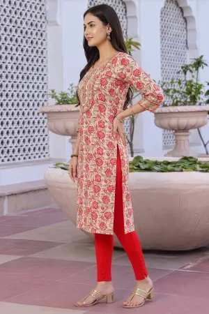 Cream Printed Long Kurti with Gota Lace Detail - photo 2