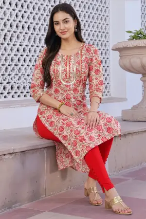 Cream Printed Long Kurti with Gota Lace Detail - photo 3