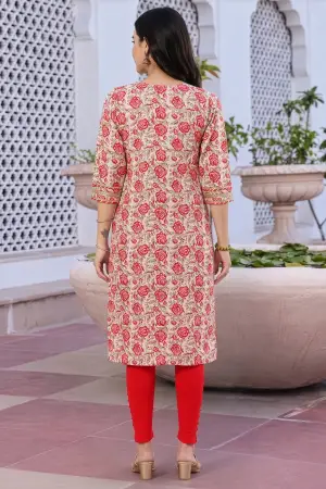 Cream Printed Long Kurti with Gota Lace Detail - photo 4