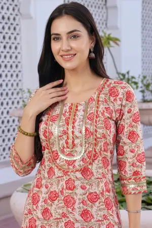 Cream Printed Long Kurti with Gota Lace Detail - photo 5