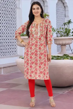 Cream Printed Long Kurti with Gota Lace Detail - photo 6
