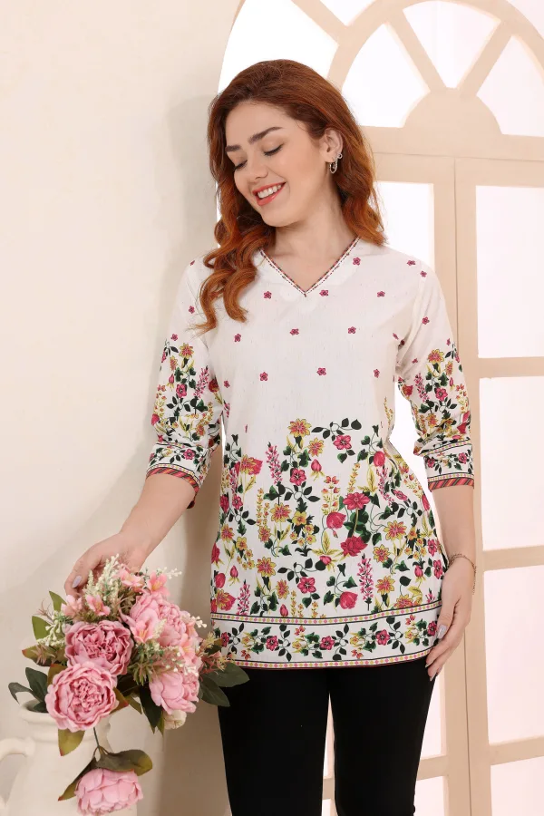 Cream Cotton Short Kurti with Floral Print for Women