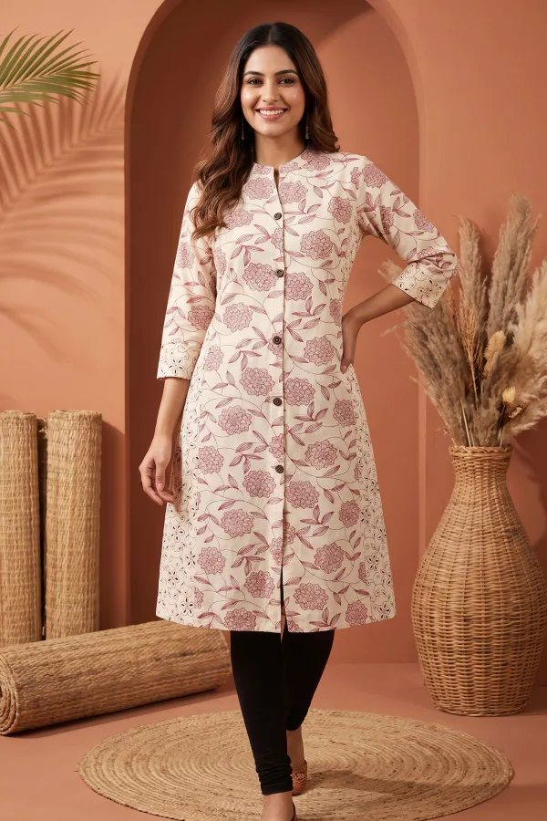 Cream A Line Princess Cut Cotton Kurta with Dark Red Print