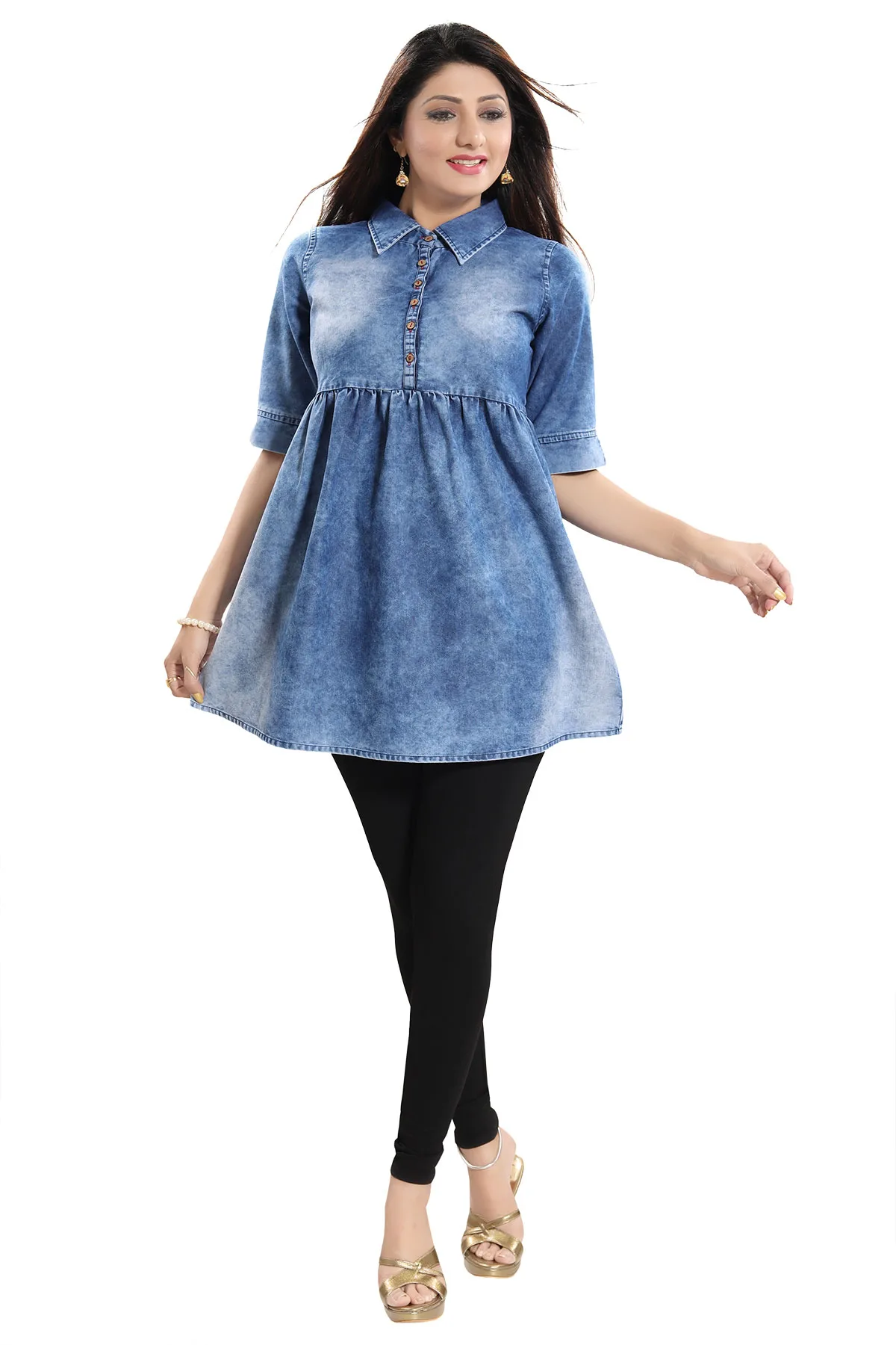 Denim Light Blue Short Frock Style Tunic Top for Women