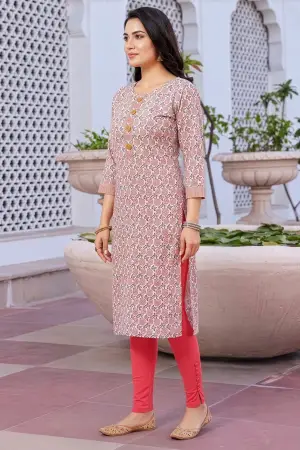 White Jaipuri Print Long Straight Kurti with Embroidery - photo 3